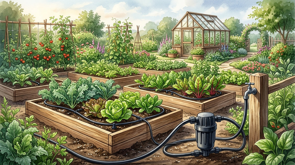Illustration of a vegetable garden with drip irrigation tubing and an unbranded irrigation filter