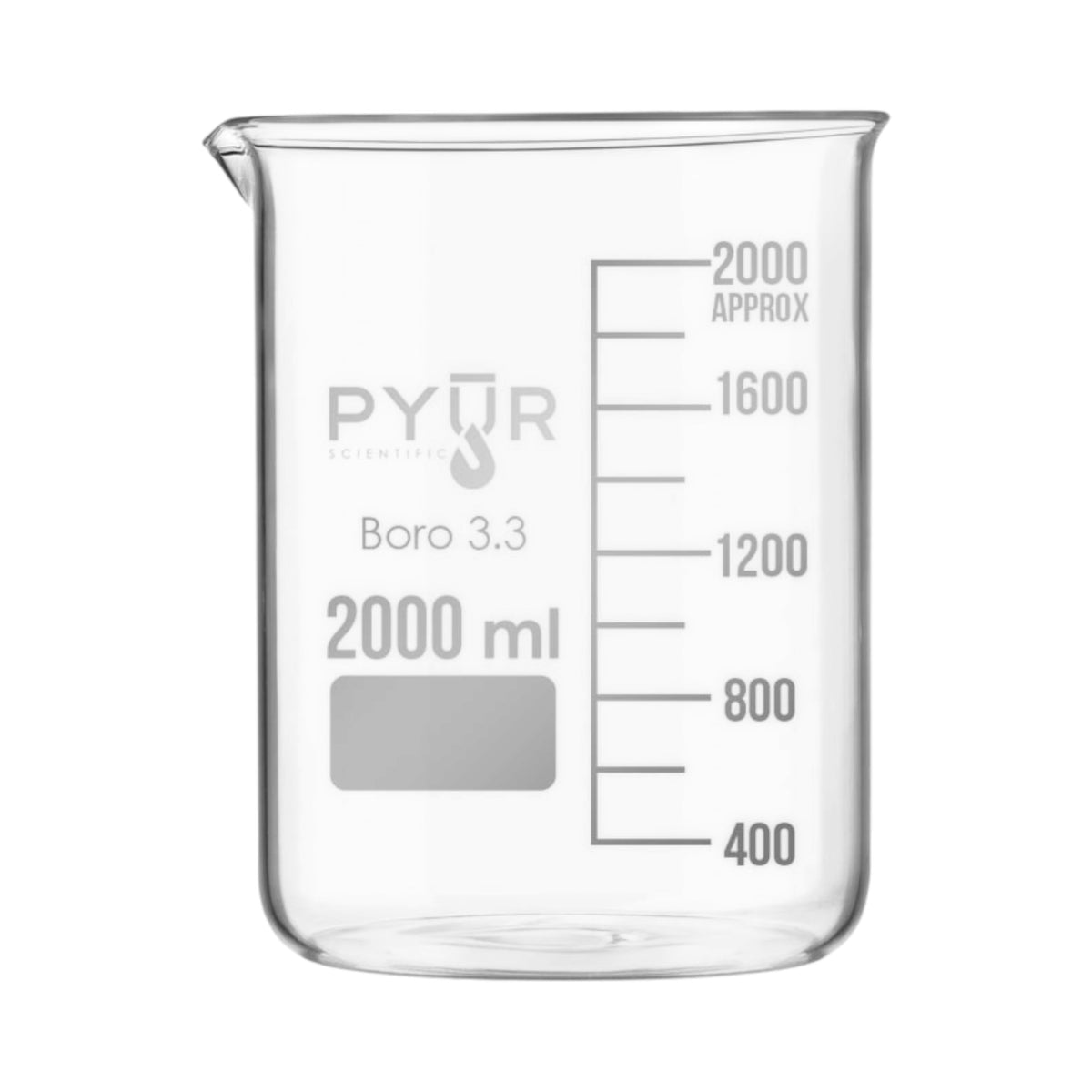 Pyur Scientific Low Form Glass Beaker w/ Graduations and Spout 2000ml