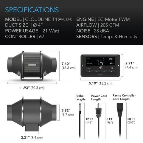 CLOUDLINE T4, QUIET INLINE DUCT FAN SYSTEM WITH TEMPERATURE AND HUMIDITY CONTROLLER, 4-INCH