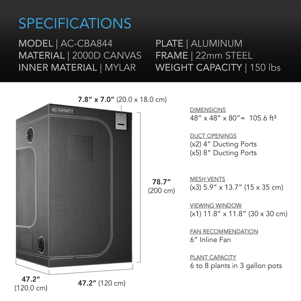 CLOUDLAB 844, ADVANCE GROW TENT 4X4, 2000D DIAMOND MYLAR CANVAS, 48" X 48" X 80"