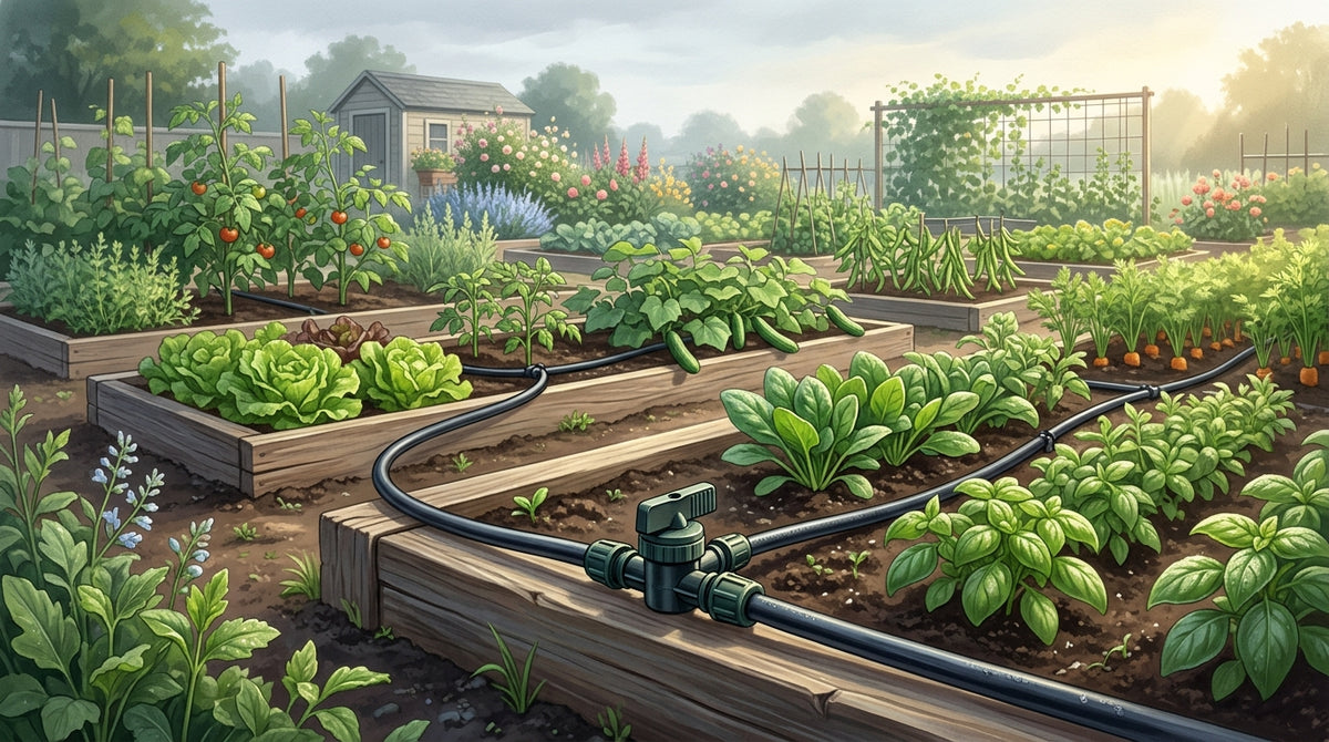 Editorial illustration of a tidy vegetable garden with black irrigation lines and a small generic manual shut-off valve visible on one lateral