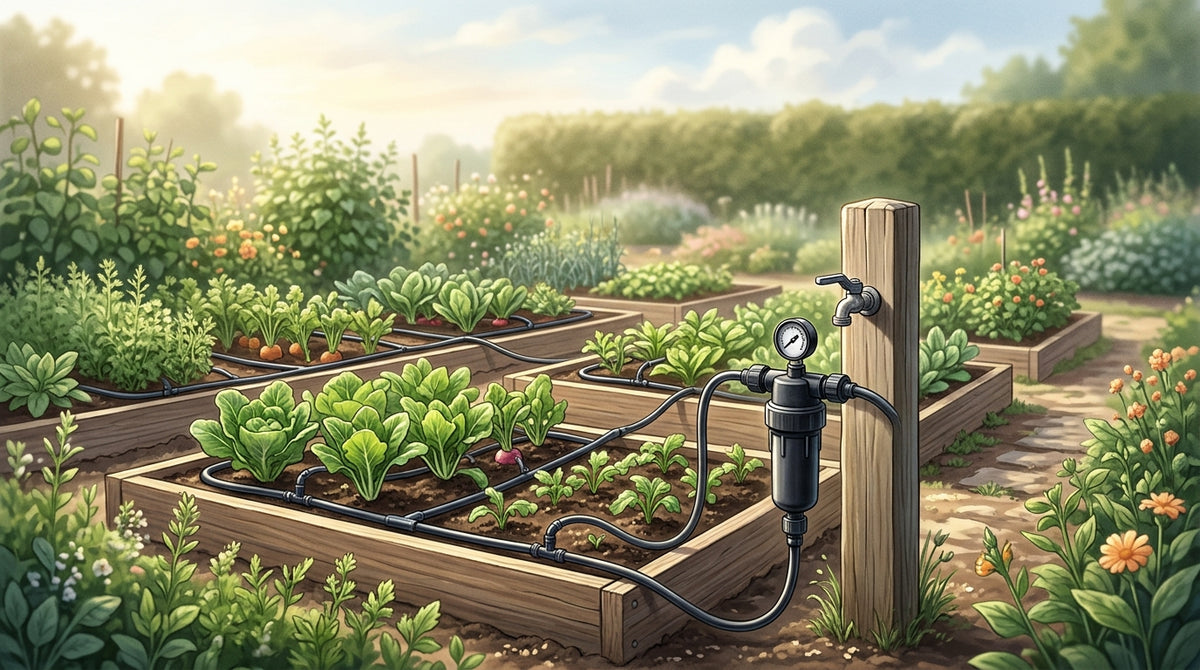 Editorial illustration of a vegetable garden with black drip irrigation tubing and an unbranded irrigation filter beside the water supply