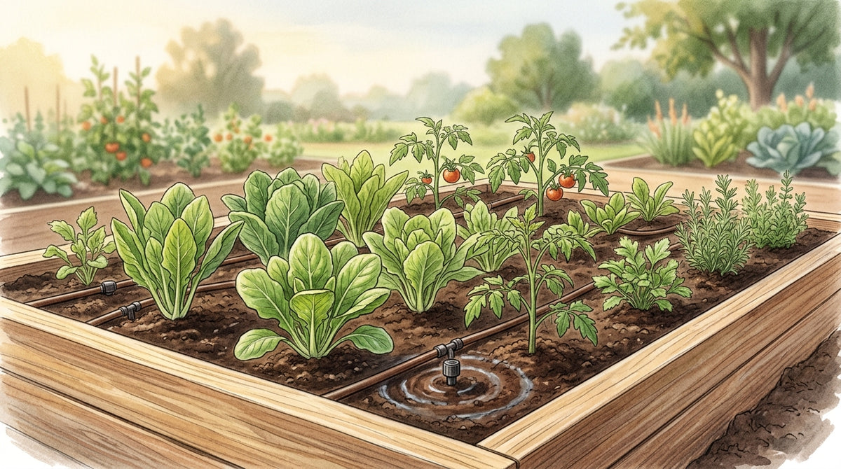 Editorial illustration of healthy vegetable plants in a raised bed with discreet drip tubing and small generic drippers near the root zones