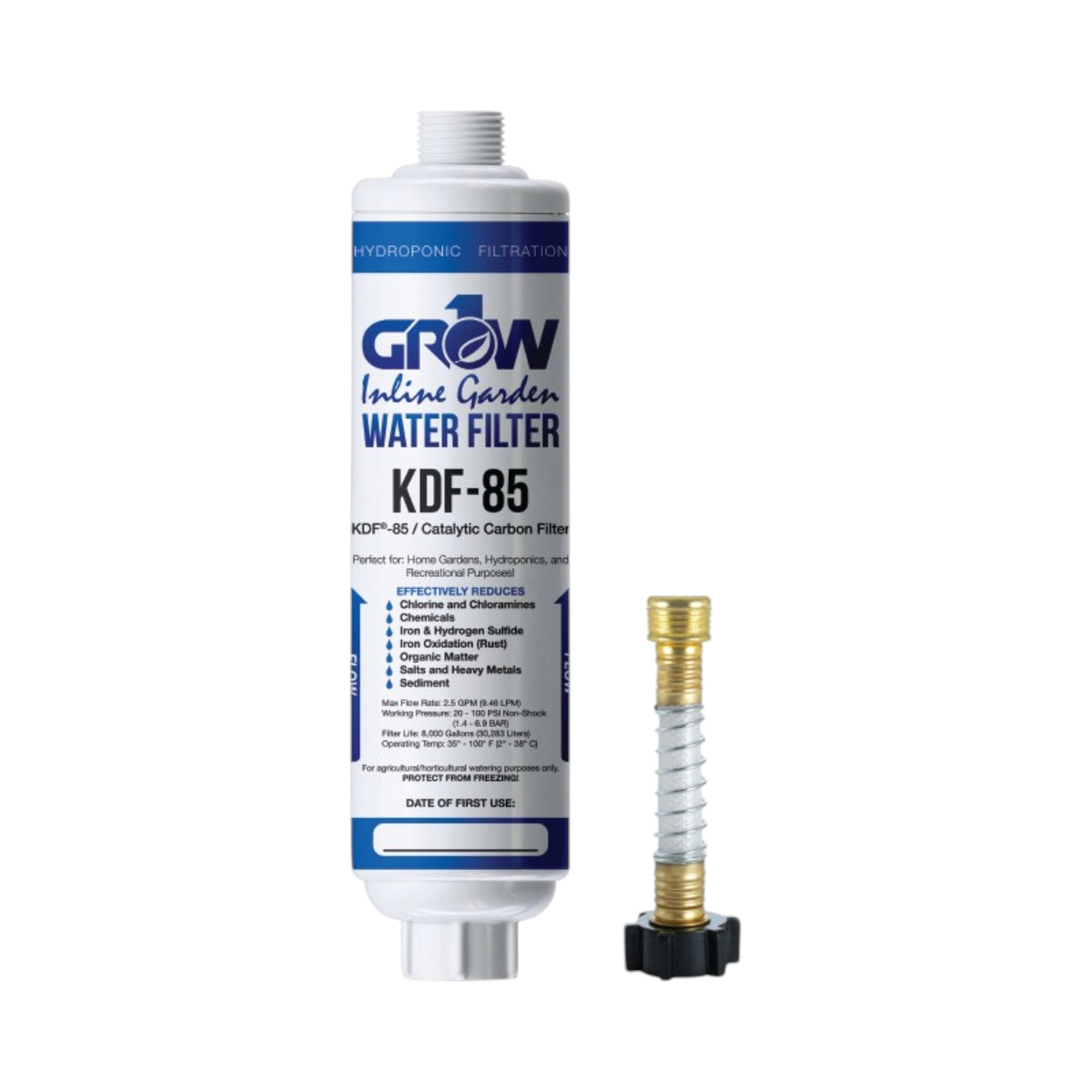 GROW1 Inline KDF-85 Garden Water Filter – Chloramine, Chlorine, Heavy Metal Removal