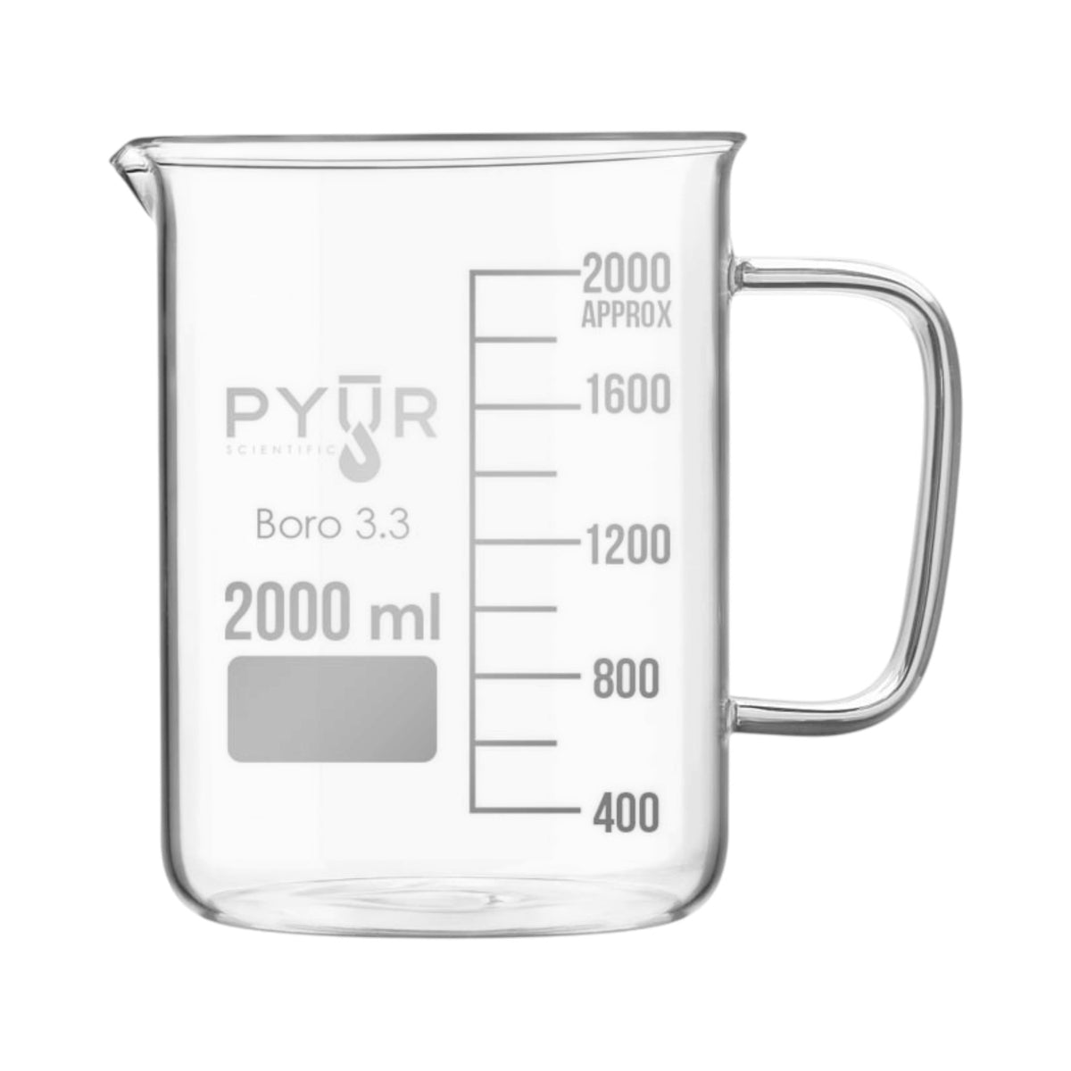 Pyur Scientific Low Form Glass Beaker w/ Graduations, Handle, and Spout 2000ml